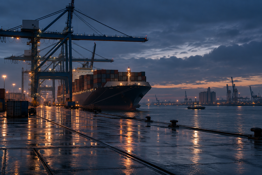 Port du Havre au crepuscule, portiques et lumieres sur l'eau